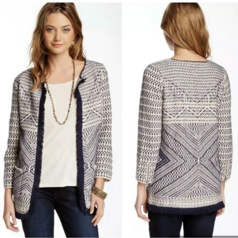 Lucky Brand Open Front Cardigan Sweater Small Navy Off White Tweed Fringe
